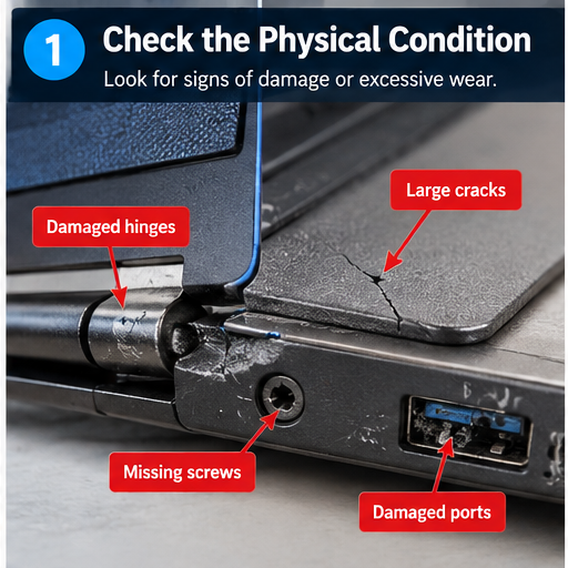 Checking the physical condition of a used laptop including hinges casing screws and ports