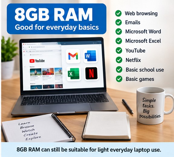 8GB RAM laptop for browsing emails Microsoft Word Excel YouTube and Netflix