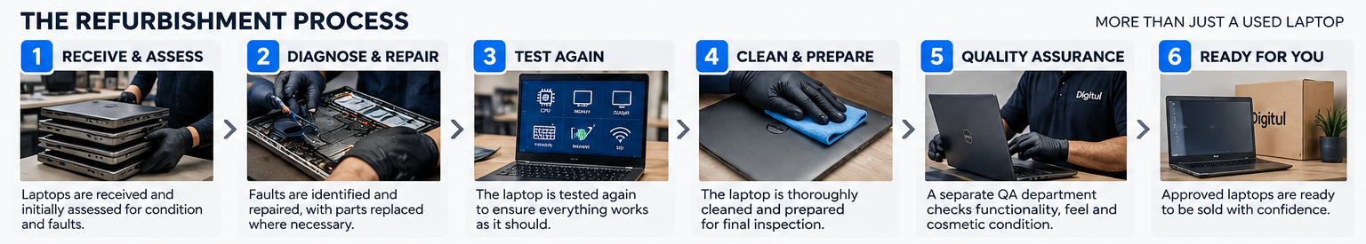 Refurbished laptop process from receiving and assessment through testing cleaning quality assurance and sale