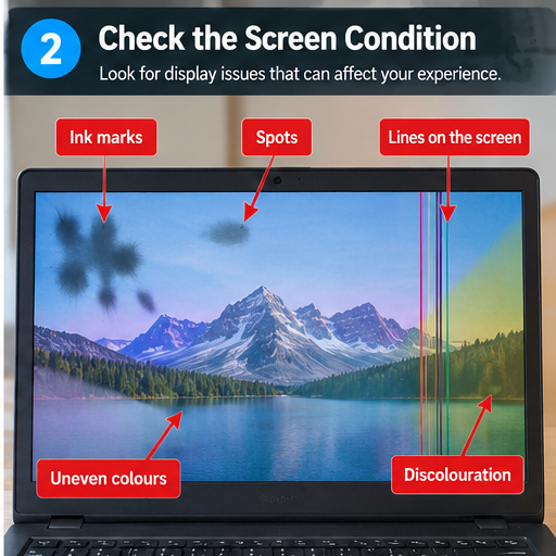 Used laptop screen inspection for ink marks spots lines uneven colours and discolouration