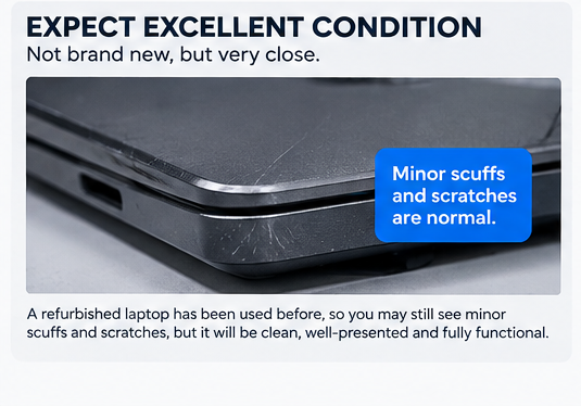 Close-up showing minor scuffs and scratches that can still be acceptable on a refurbished laptop