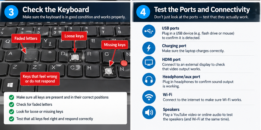 Testing a used laptop keyboard USB ports HDMI headphone jack Wi-Fi and speakers