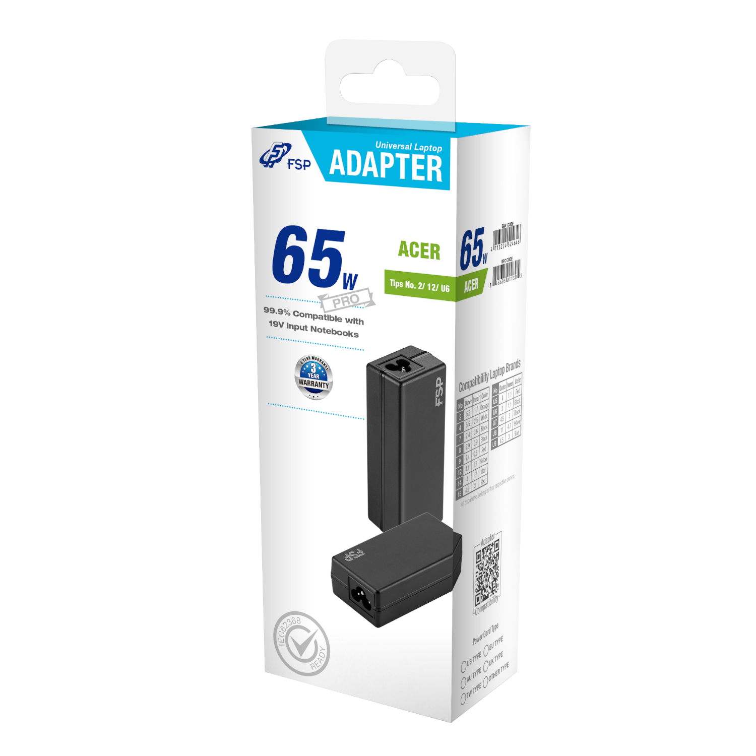 PNA0652521_FSP-NB-65W-Acer-Notebook-Adapter_wr_05.jpg FSP PRO 65W Universal Laptop Adapter – Acer